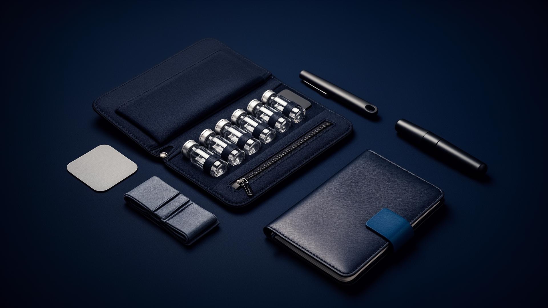 Vialux navy case with organized supplies and notebook